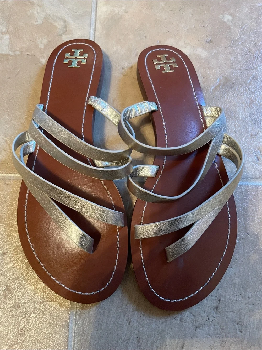 Tory Burch Silver Multi-Strap Leather Slide Sandals